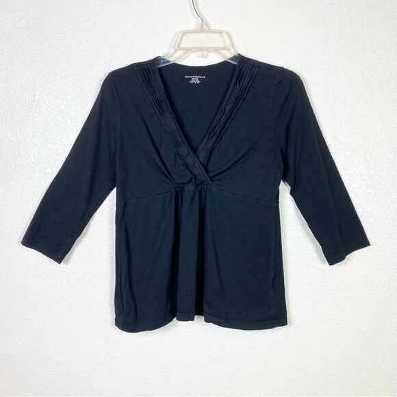 (M Petite) Charter Club Black Surplice Neck 3/4 Sleeve Top - Picture 2 of 5
